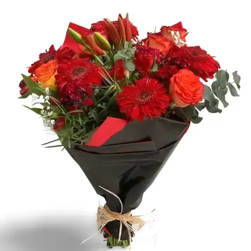 Ramo rosas rojas y naranjas