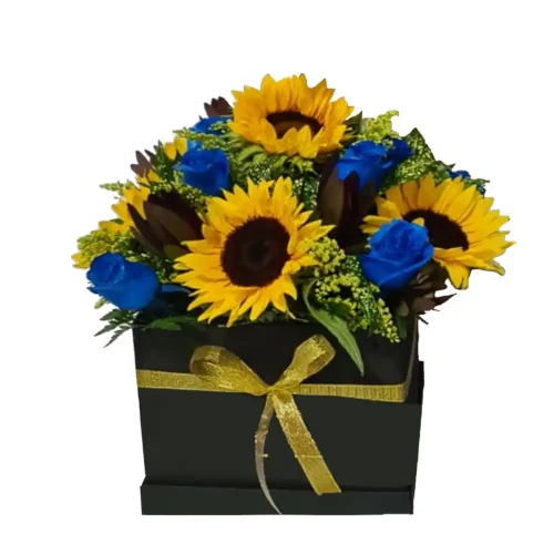 Caja con rosas y girasol