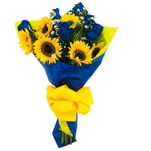 Ramo de girasoles y rosas azules