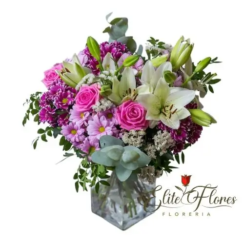 Florero Pequeño de Mable rosas y lilium