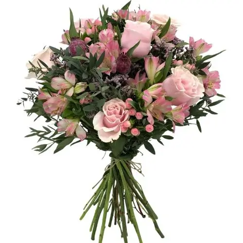 Ramo de 6 rosas rosadas y alstromelias