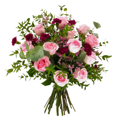 Ramo de 12 rosas rosadas y mable morado