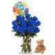 Ramo de rosas azules con florero globo y peluche