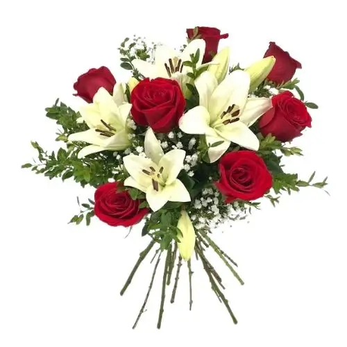 Ramo de 7 rosas rojas y 3 lilium blancos