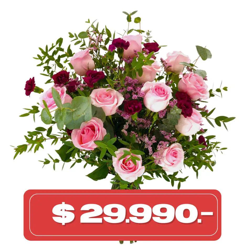 plan_quincenal_rosas rosadas y eucalipto Plan Quincenal Ramo de 12 rosas rosadas y mable morado - Imagen 1