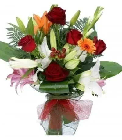 Ramo rosas rojas y lilium blanco