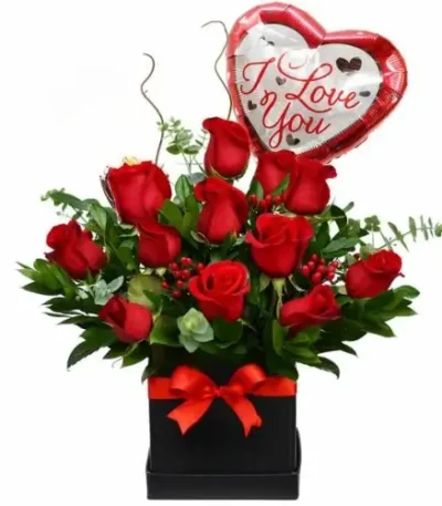 caja 12 rosas con hypericum