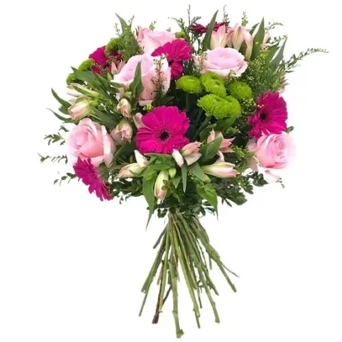 gerberas-rosas-pal-green Rosas gerberas alstromelias y mable - Imagen 1